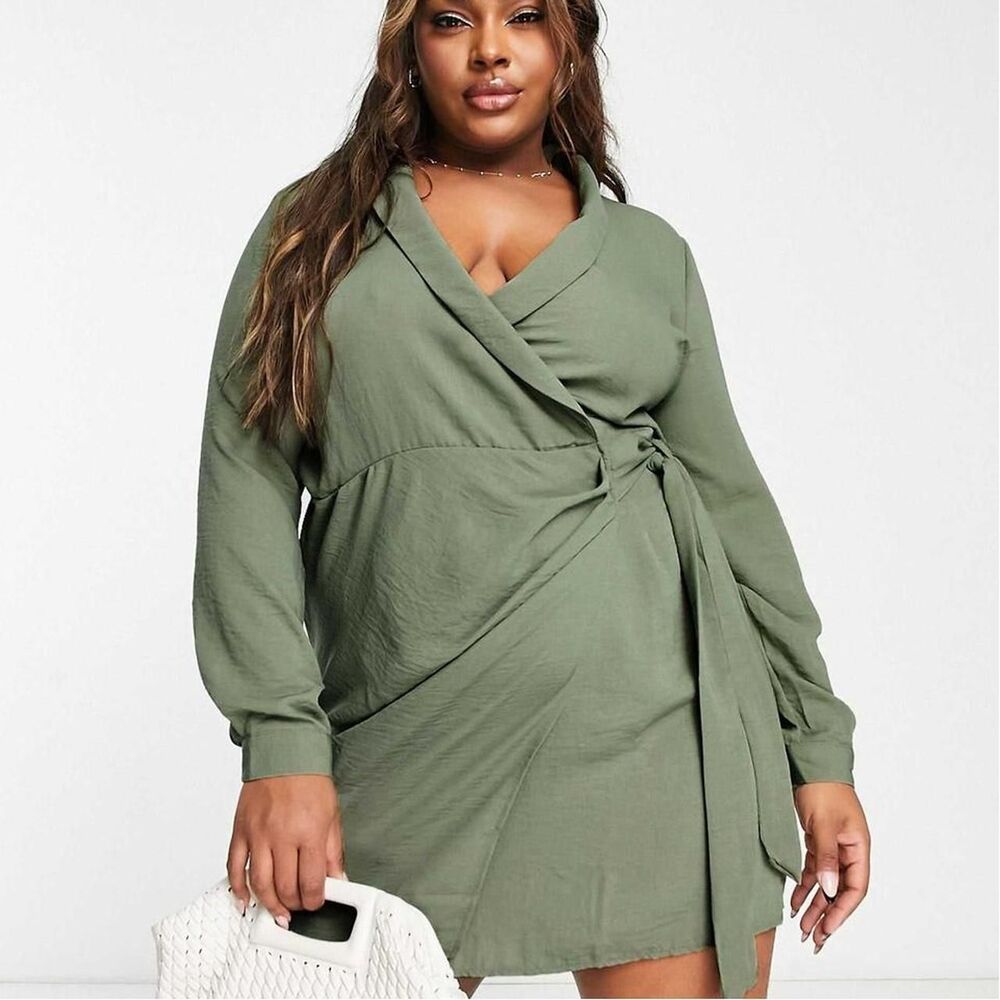 ASOS Design Green/ Khaki Wrap Dress with Collar and Tie Detail | SIZE 2